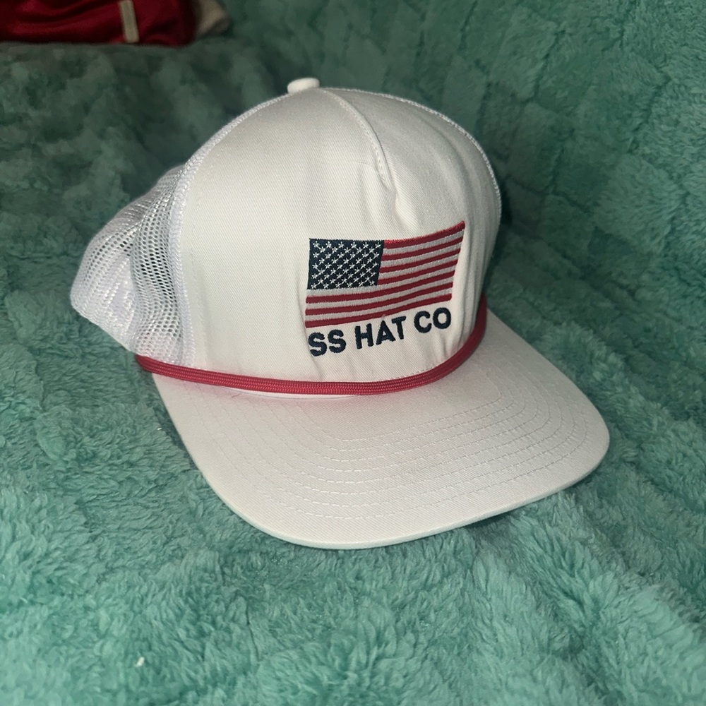 SS Hat Co White Trucker Hat with American Flag